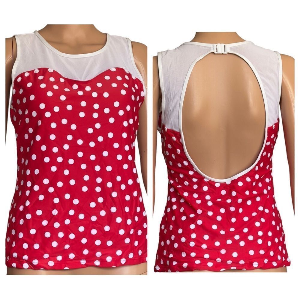 NIPTUCK Red White Polka White Mesh Backless Tankini Swim Top Size 10